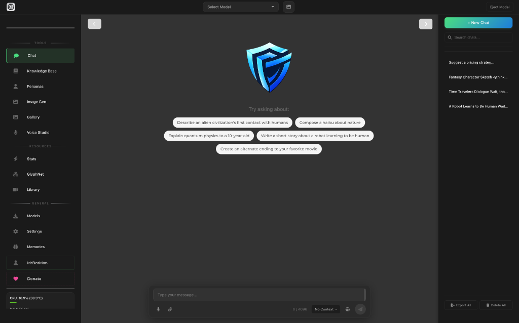 The Glyph desktop workspace with its model and conversation controls